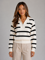 Women’s Striped Half-Zip Knitted Sweater – Relaxed Collar Knit Top