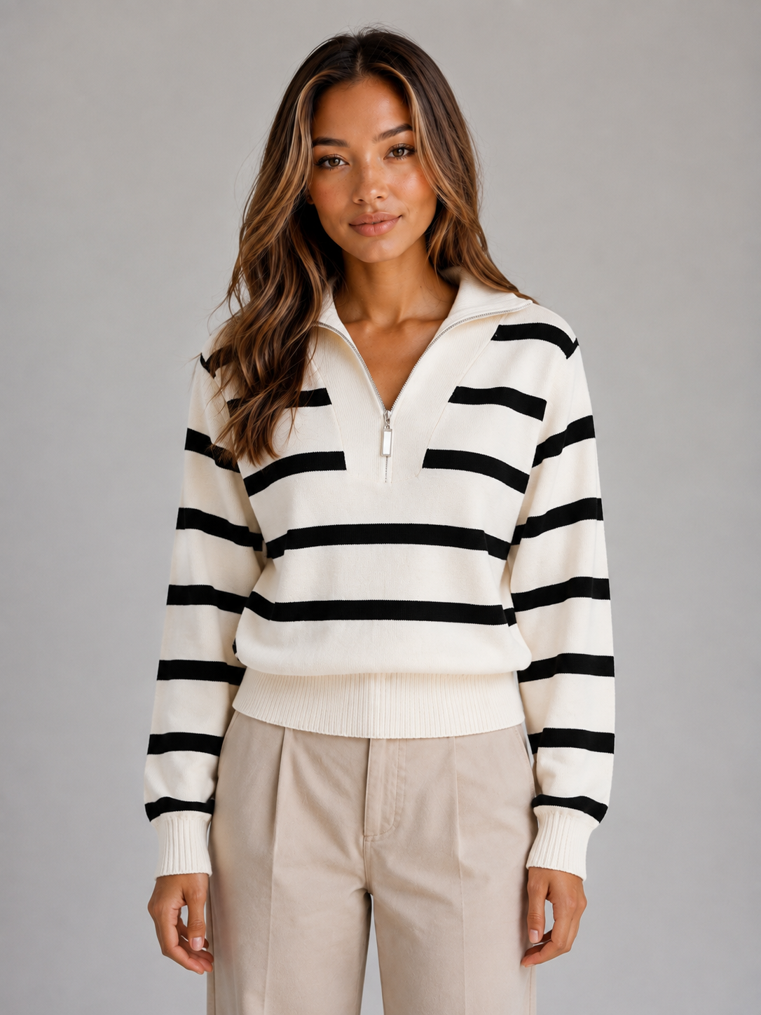 Women’s Striped Half-Zip Knitted Sweater – Relaxed Collar Knit Top