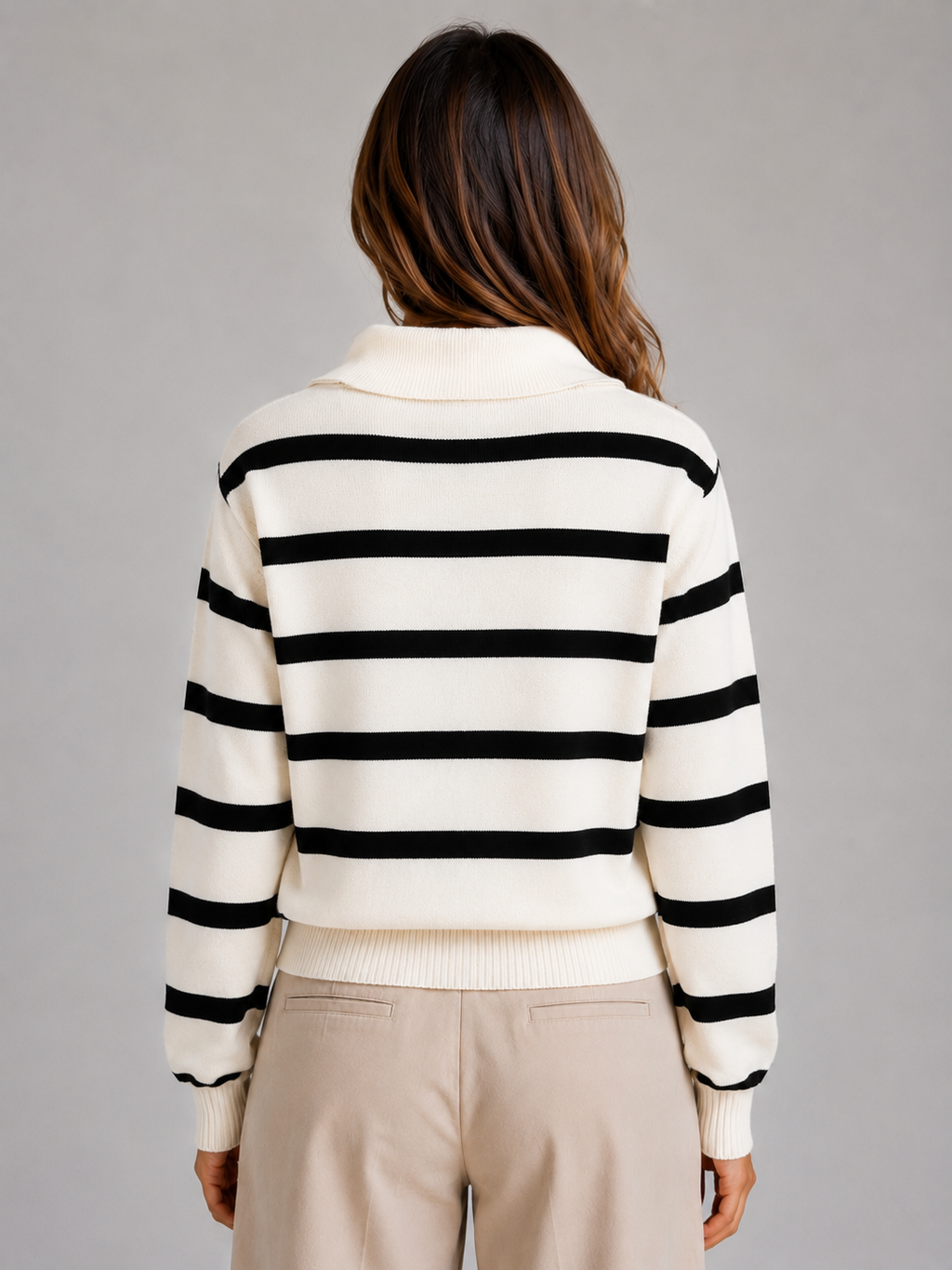 Women’s Striped Half-Zip Knitted Sweater – Relaxed Collar Knit Top