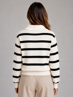 Women’s Striped Half-Zip Knitted Sweater – Relaxed Collar Knit Top