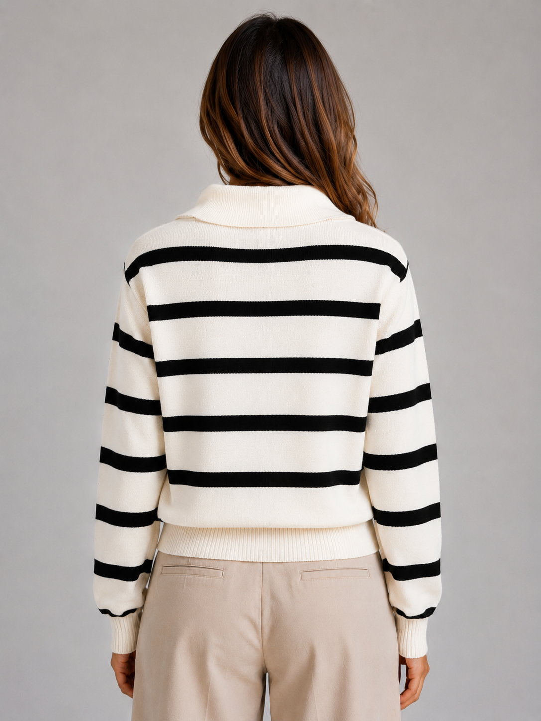 Women’s Striped Half-Zip Knitted Sweater – Relaxed Collar Knit Top