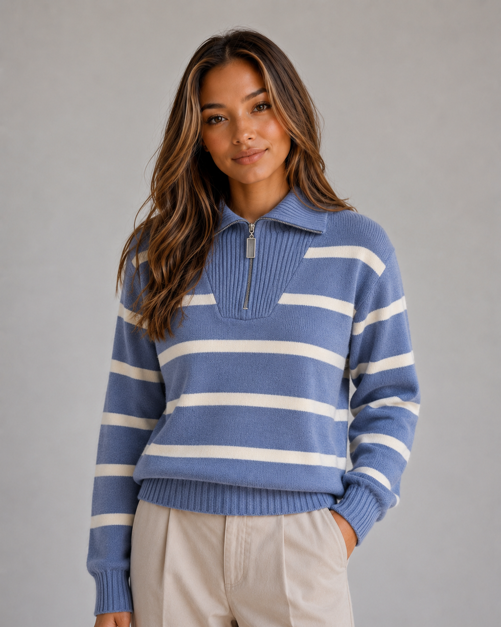 Women’s Striped Half-Zip Knitted Sweater – Relaxed Collar Knit Top