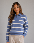 Women’s Striped Half-Zip Knitted Sweater – Relaxed Collar Knit Top