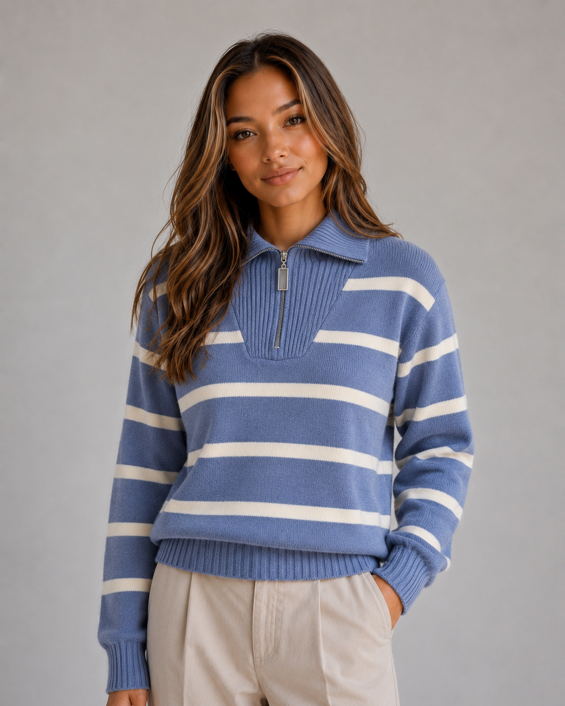 Women’s Striped Half-Zip Knitted Sweater – Relaxed Collar Knit Top