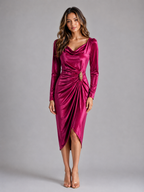 Women’s Velvet Ruched Midi Dress with Gold-Tone Waist Detail – Long Sleeve Style