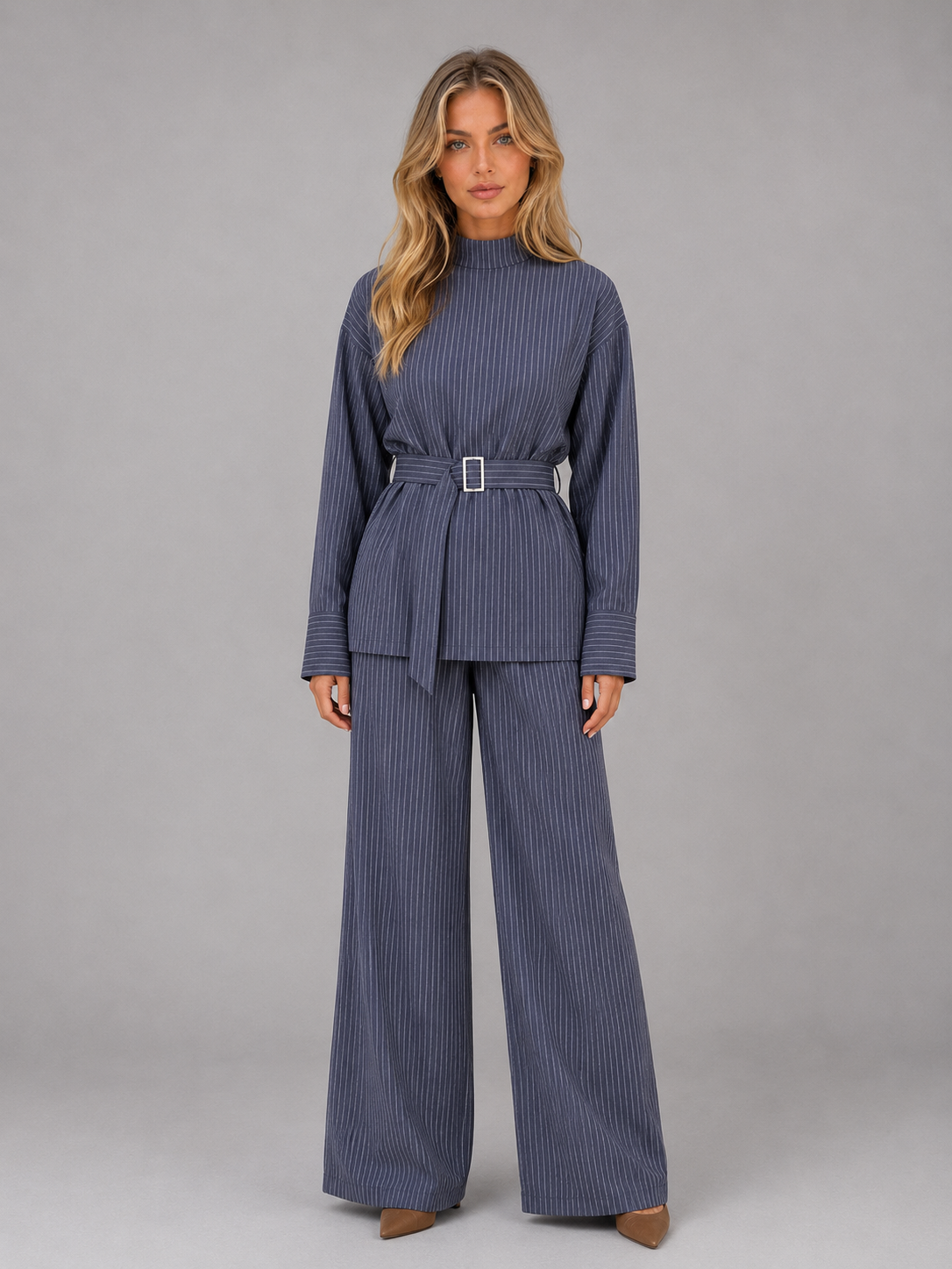 Women’s Pinstripe Two-Piece Set – High Neck Top & Wide Leg Pants