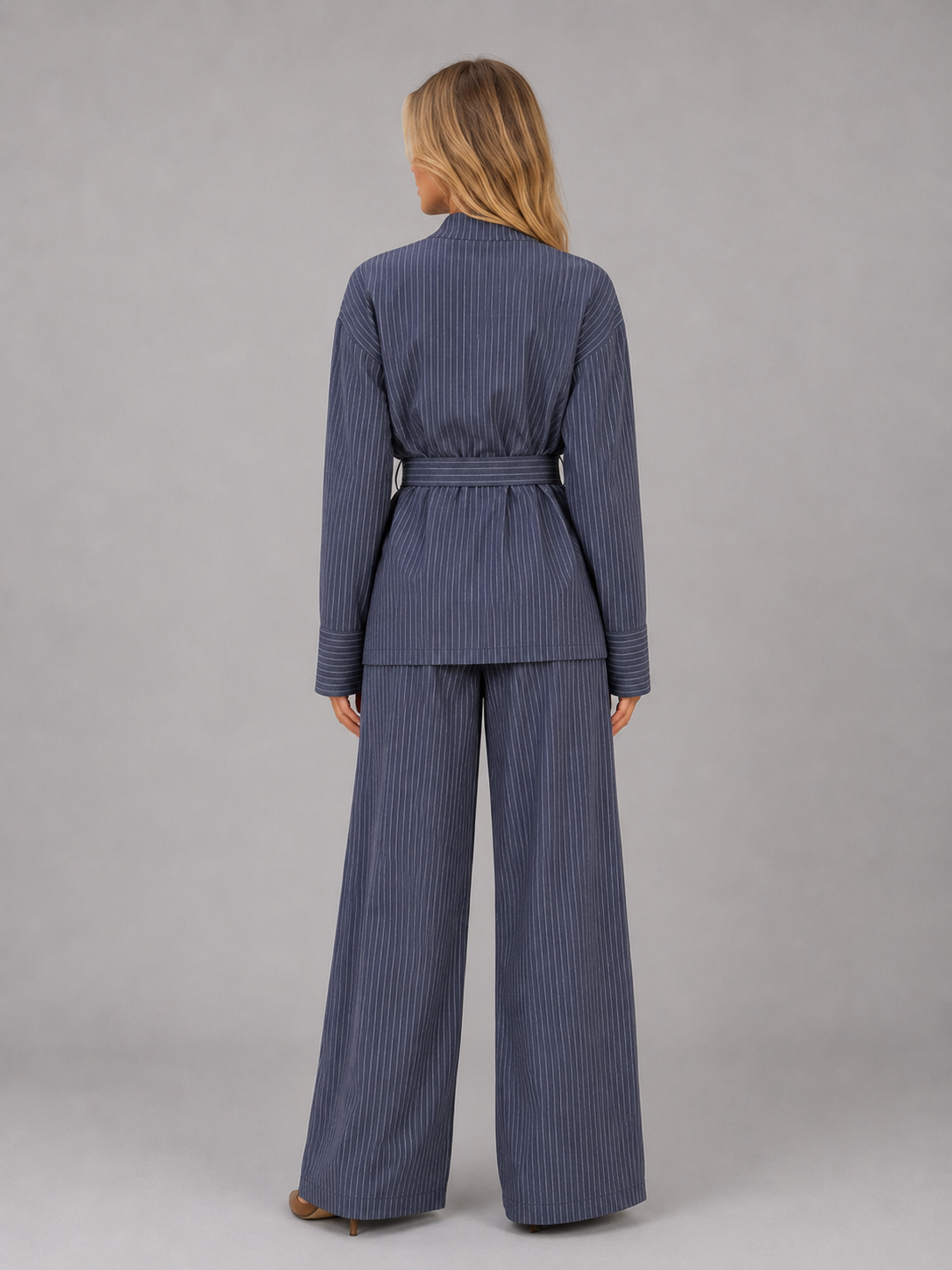 Women’s Pinstripe Two-Piece Set – High Neck Top & Wide Leg Pants