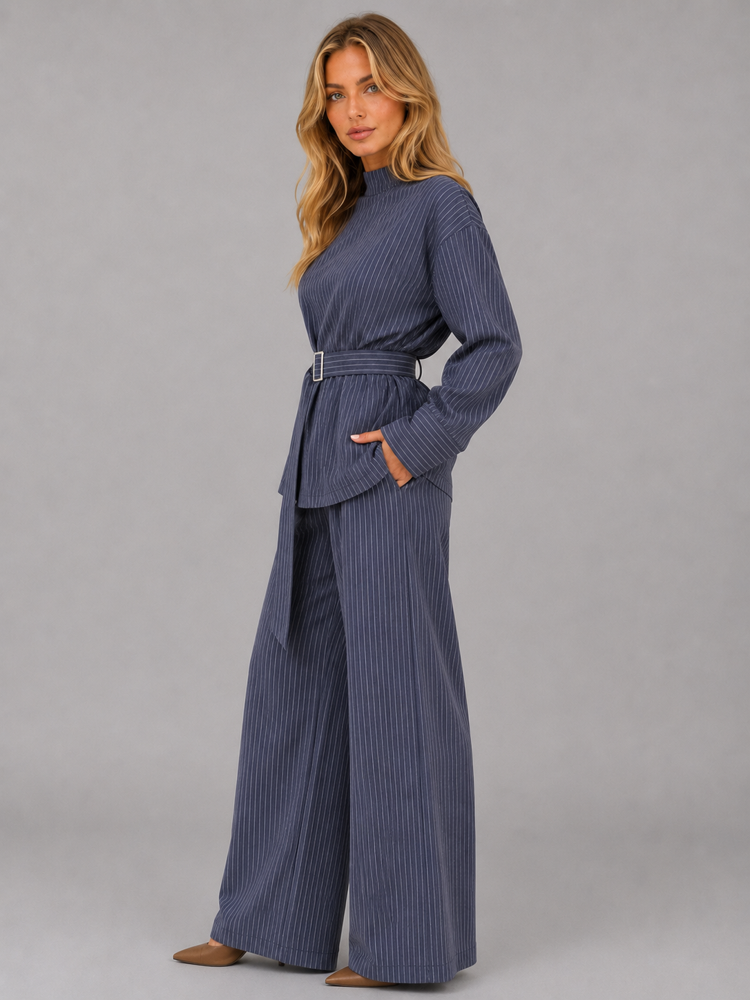 Women’s Pinstripe Two-Piece Set – High Neck Top & Wide Leg Pants