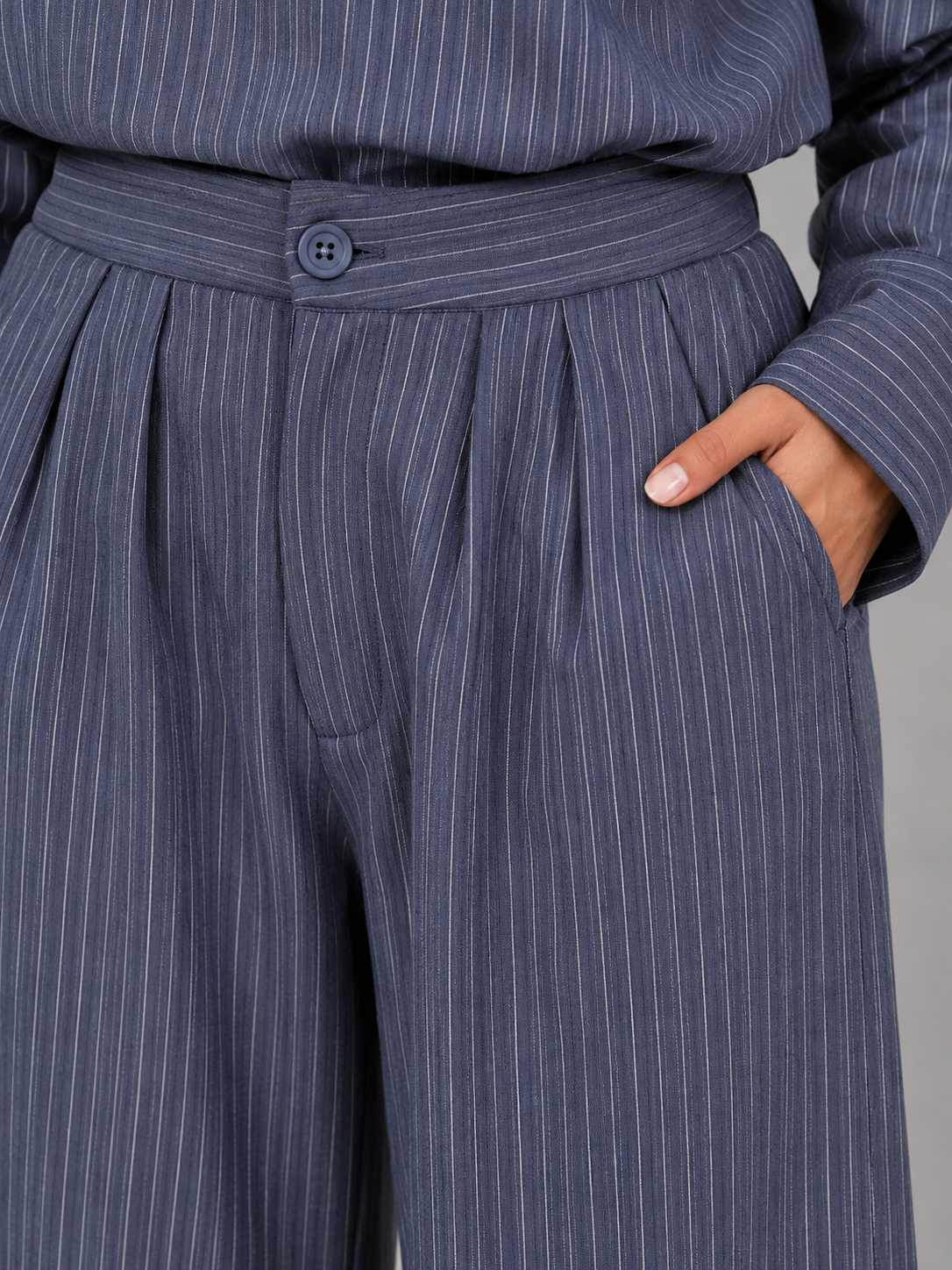 Women’s Pinstripe Two-Piece Set – High Neck Top & Wide Leg Pants