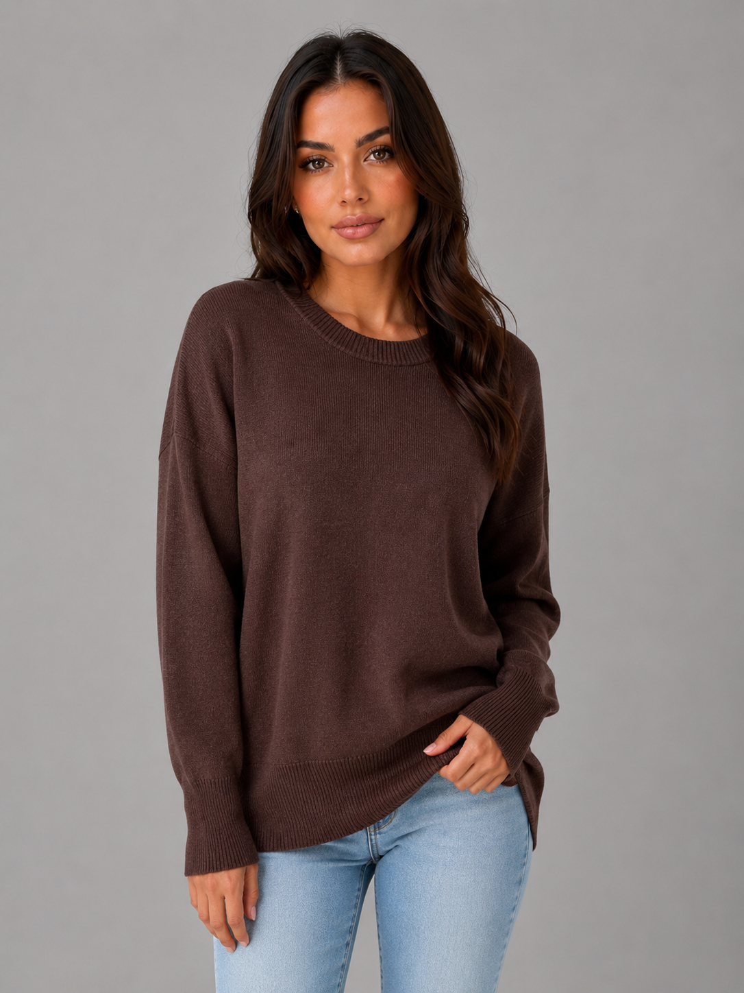 Women's Oversized Knitted Sweater – Long Sleeve Crew Neck Style