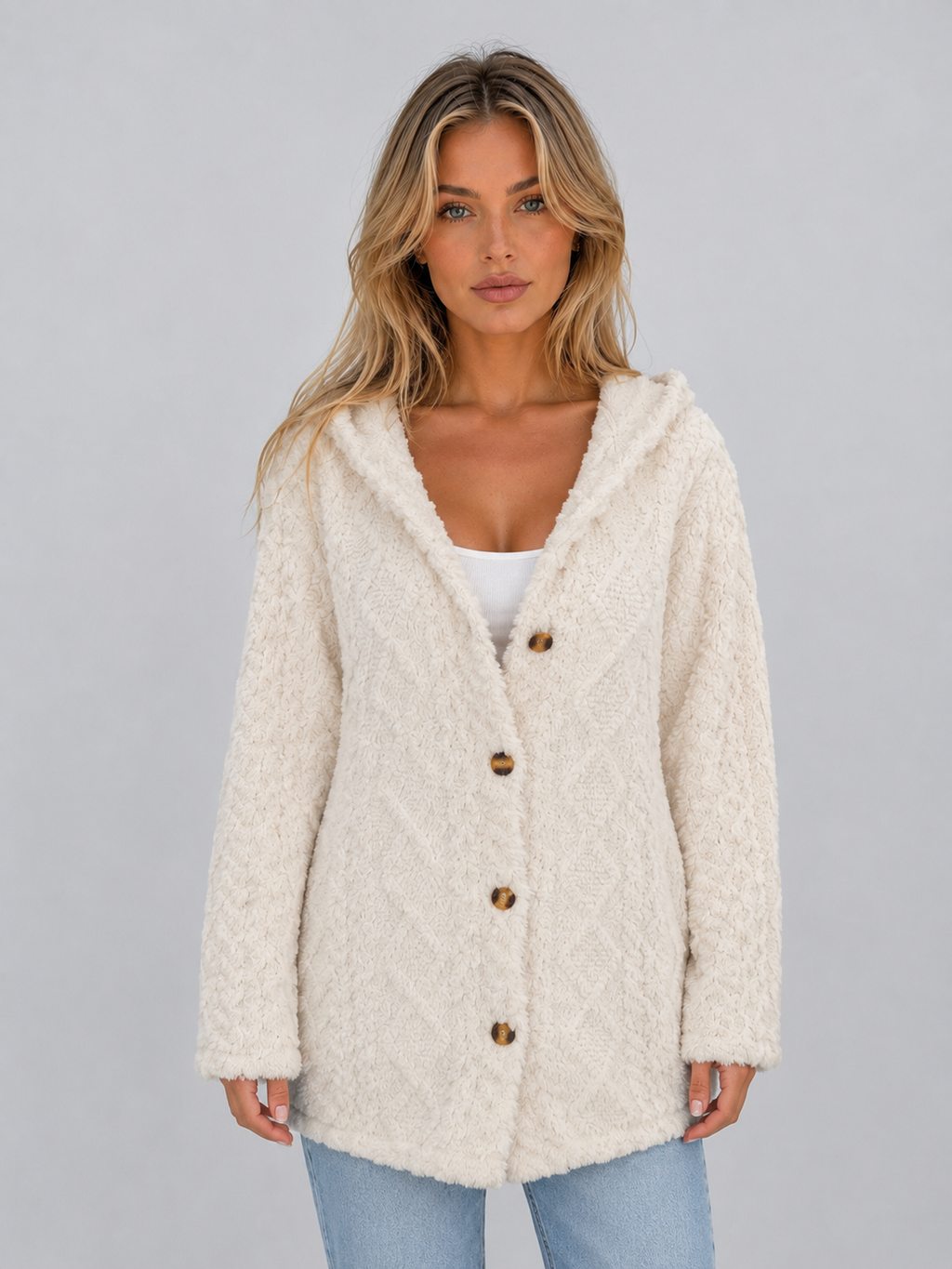 Women's Hooded Teddy Fleece Cardigan – Soft Plush Button Jacket