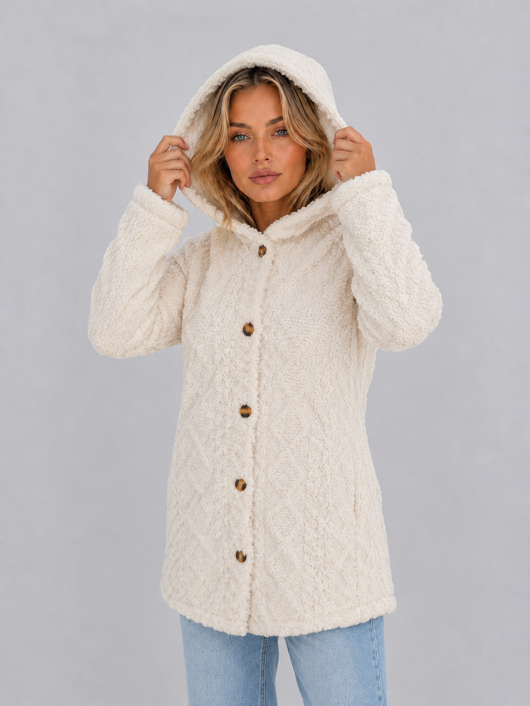 Women's Hooded Teddy Fleece Cardigan – Soft Plush Button Jacket