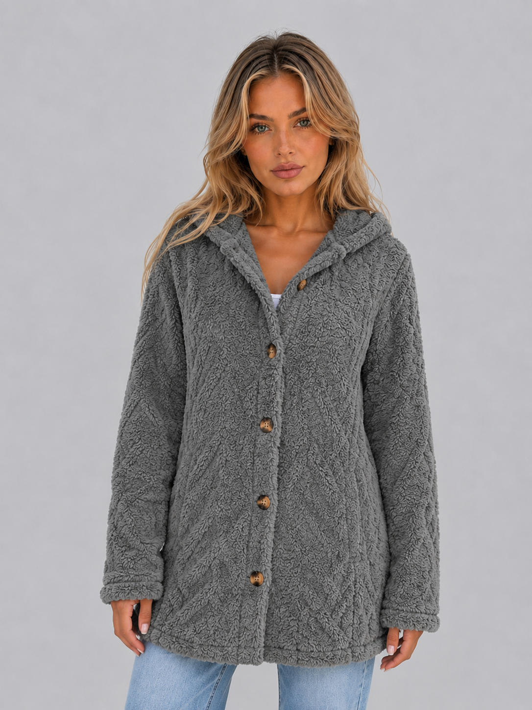 Women's Hooded Teddy Fleece Cardigan – Soft Plush Button Jacket