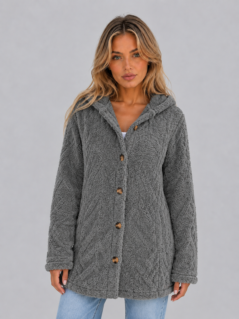 Women's Hooded Teddy Fleece Cardigan – Soft Plush Button Jacket