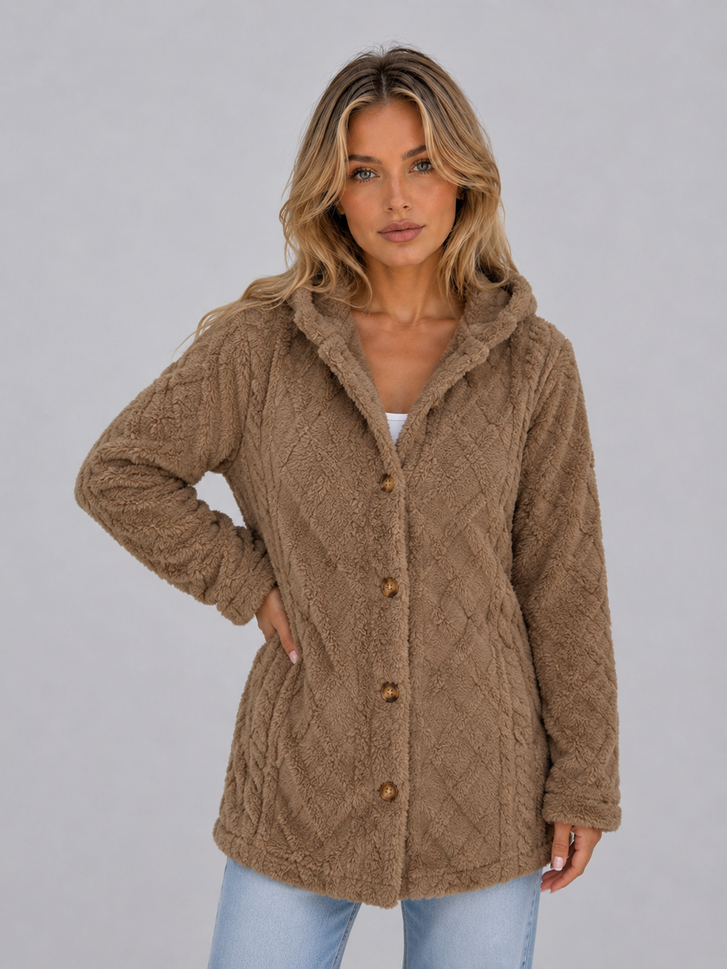 Women's Hooded Teddy Fleece Cardigan – Soft Plush Button Jacket