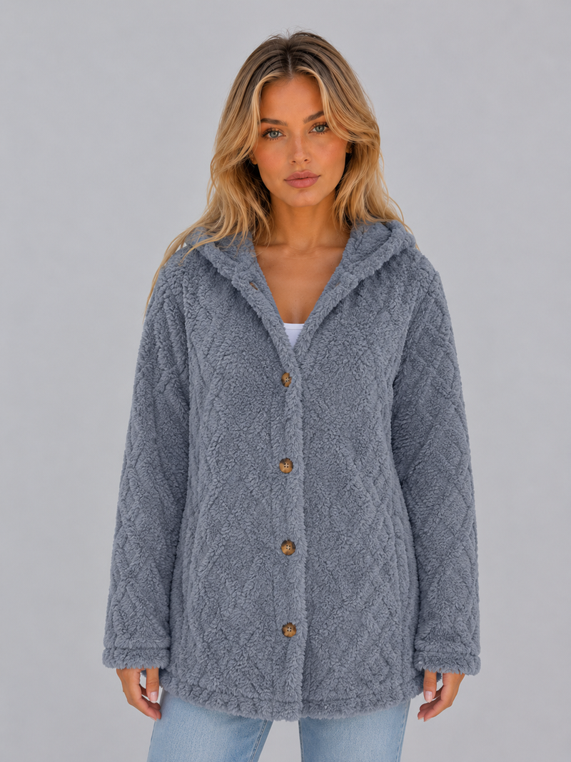 Women's Hooded Teddy Fleece Cardigan – Soft Plush Button Jacket