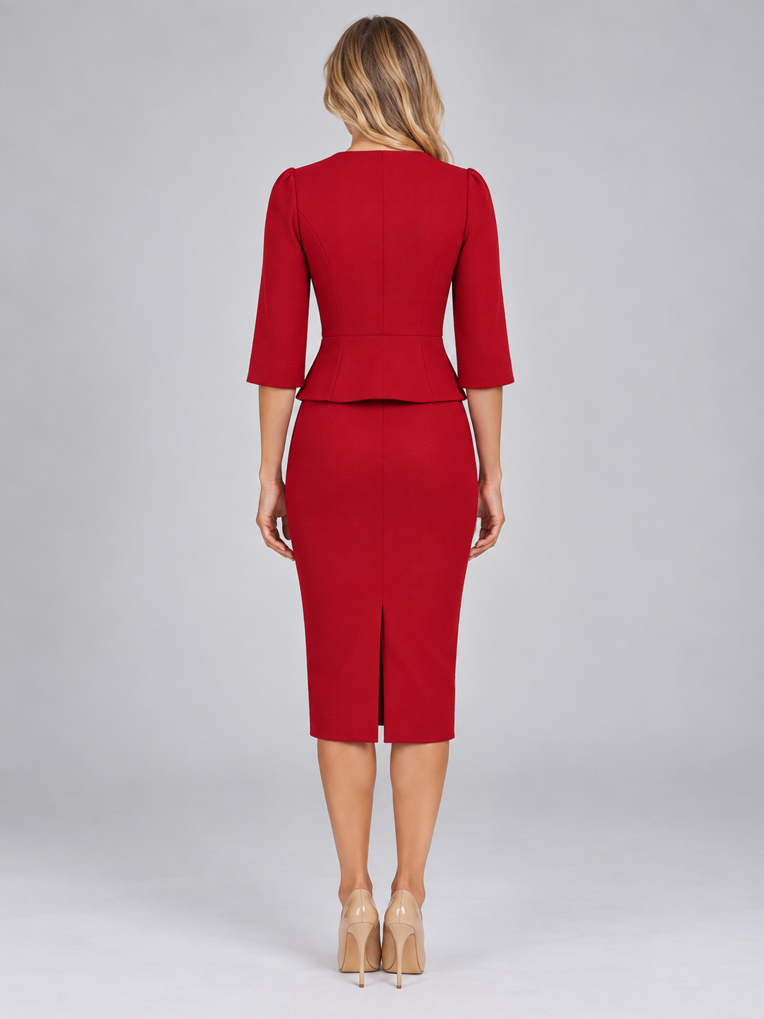 Women’s Two-Piece Skirt Suit – Gold Button Peplum Jacket & Pencil Skirt