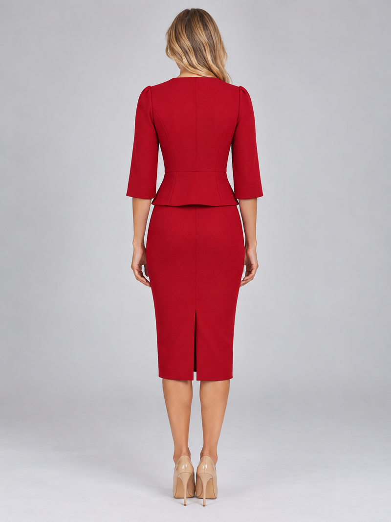 Women’s Two-Piece Skirt Suit – Gold Button Peplum Jacket & Pencil Skirt