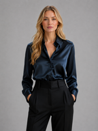 Women’s Satin Look Blouse – Button Up Long Sleeve Silky Shirt