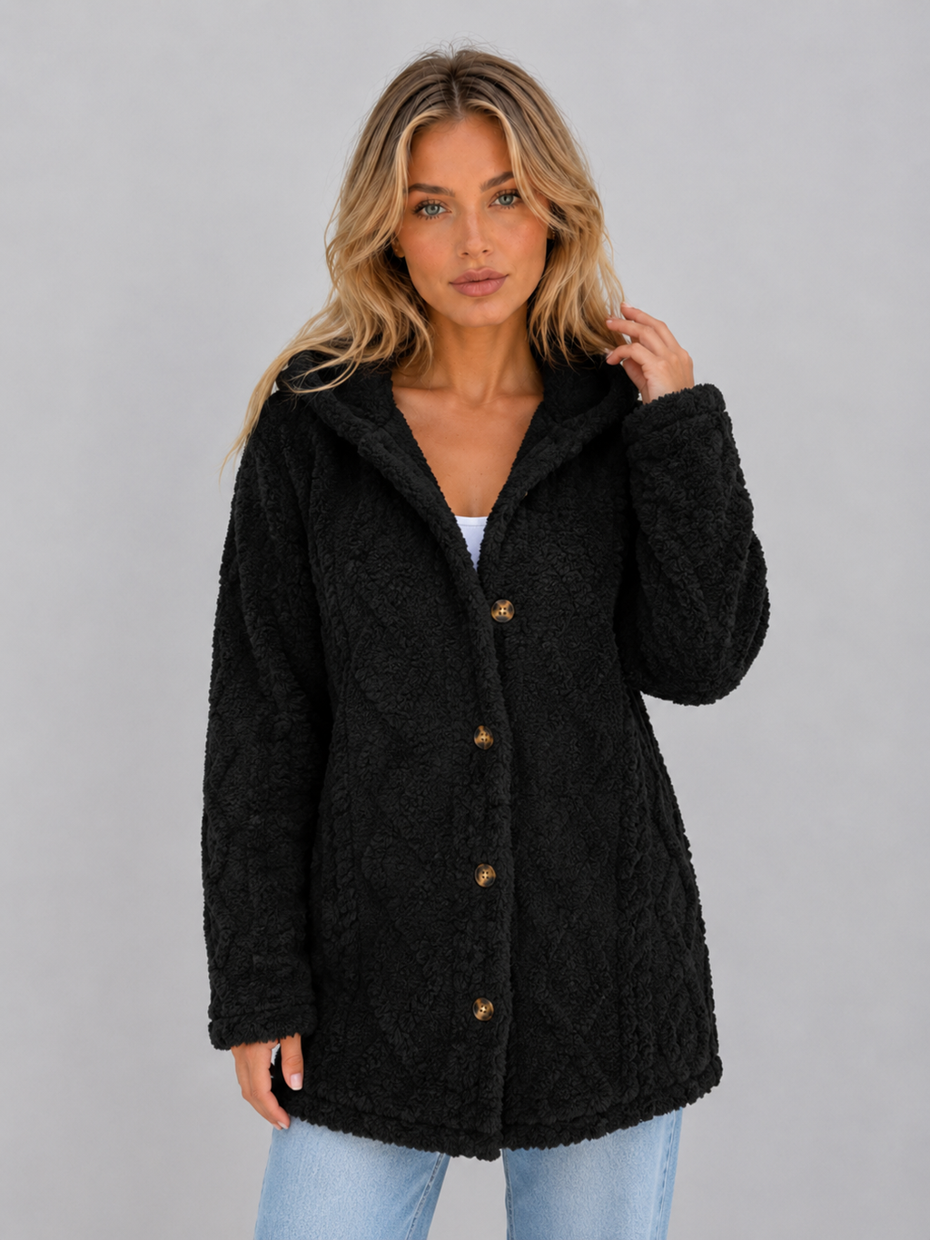 Women's Hooded Teddy Fleece Cardigan – Soft Plush Button Jacket