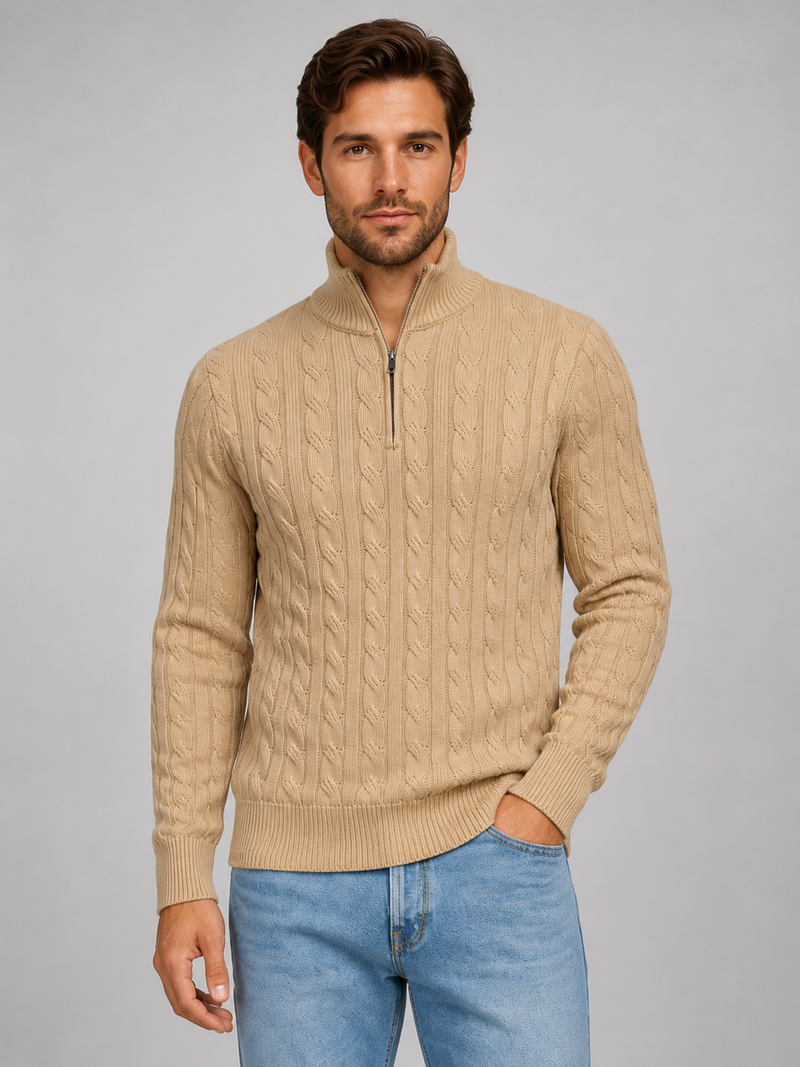 Men's Cable Knit Quarter Zip Sweater – Funnel Neck Pullover