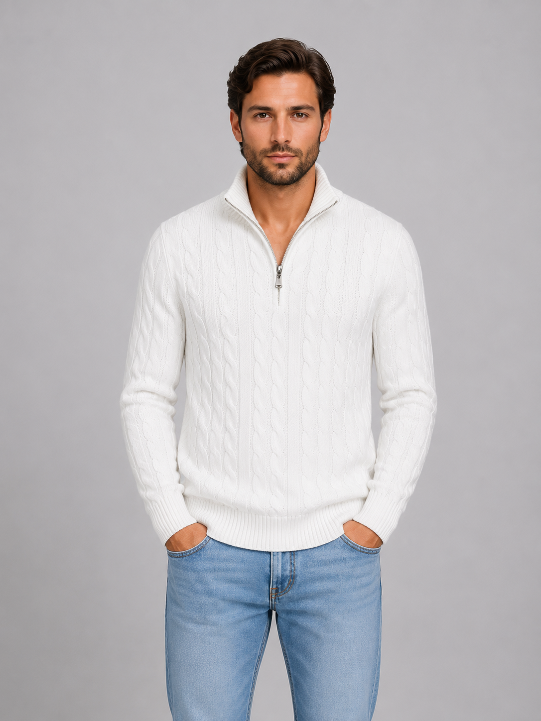 Men's Cable Knit Quarter Zip Sweater – Funnel Neck Pullover