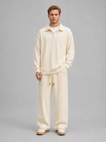 Men’s Cable Knit Two-Piece Set – Collared Top & Wide-Leg Pants