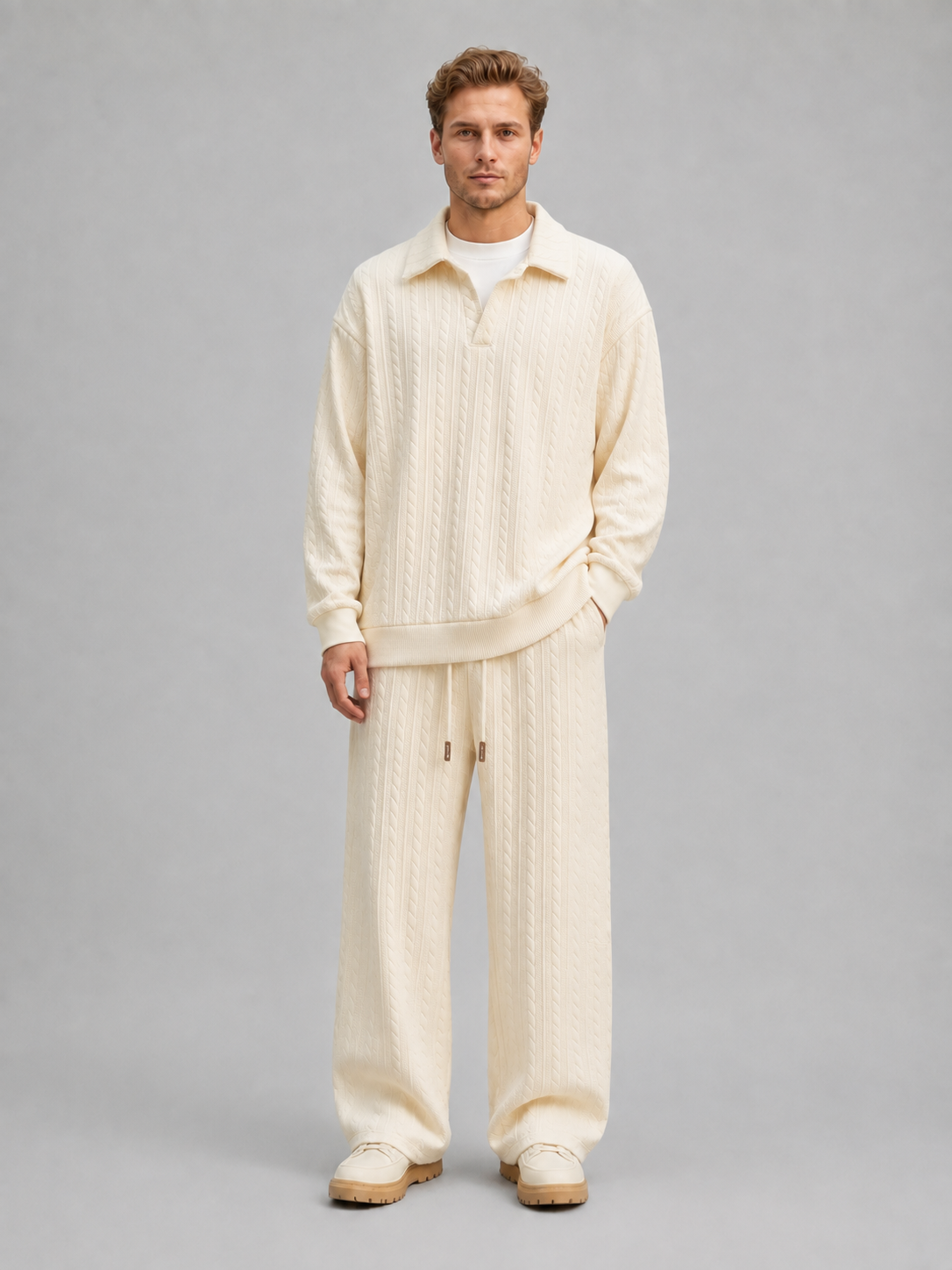 Men’s Cable Knit Two-Piece Set – Collared Top & Wide-Leg Pants