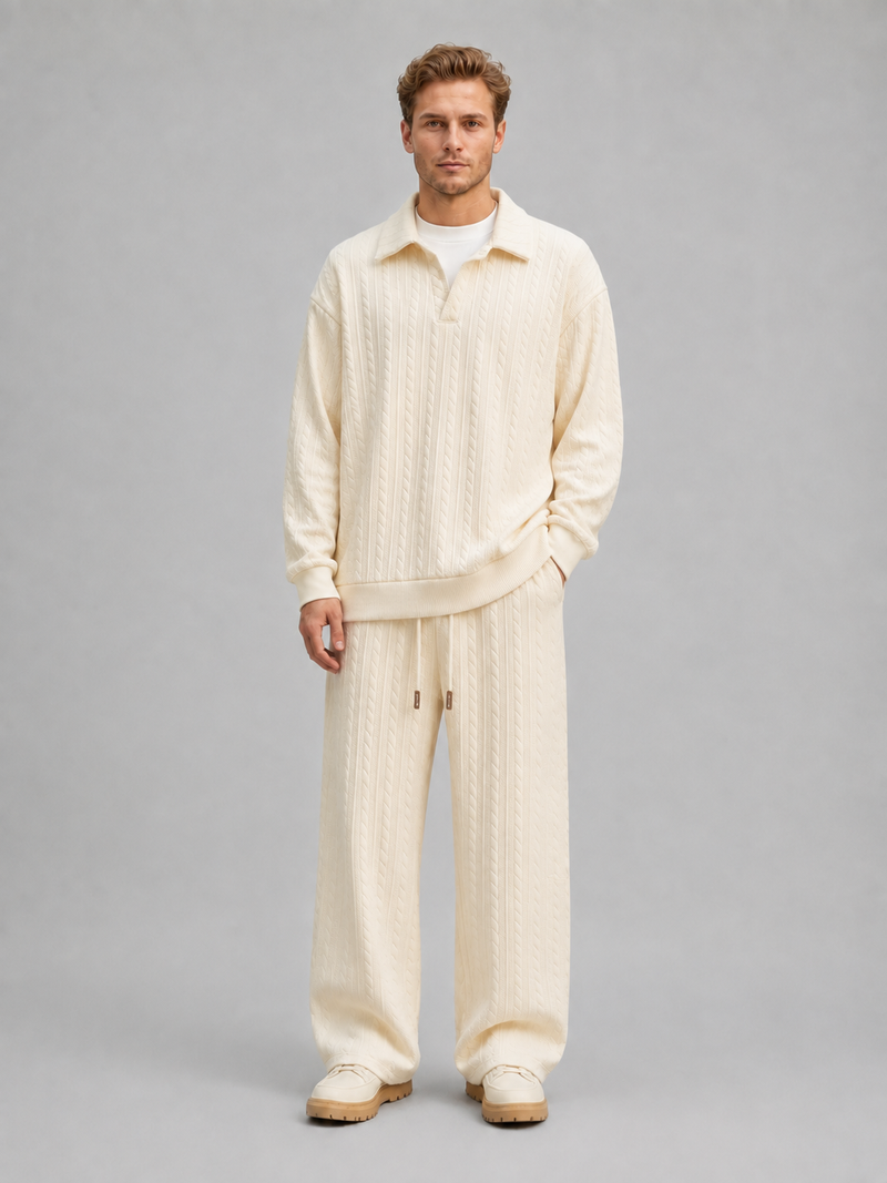 Men’s Cable Knit Two-Piece Set – Collared Top & Wide-Leg Pants