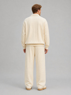 Men’s Cable Knit Two-Piece Set – Collared Top & Wide-Leg Pants
