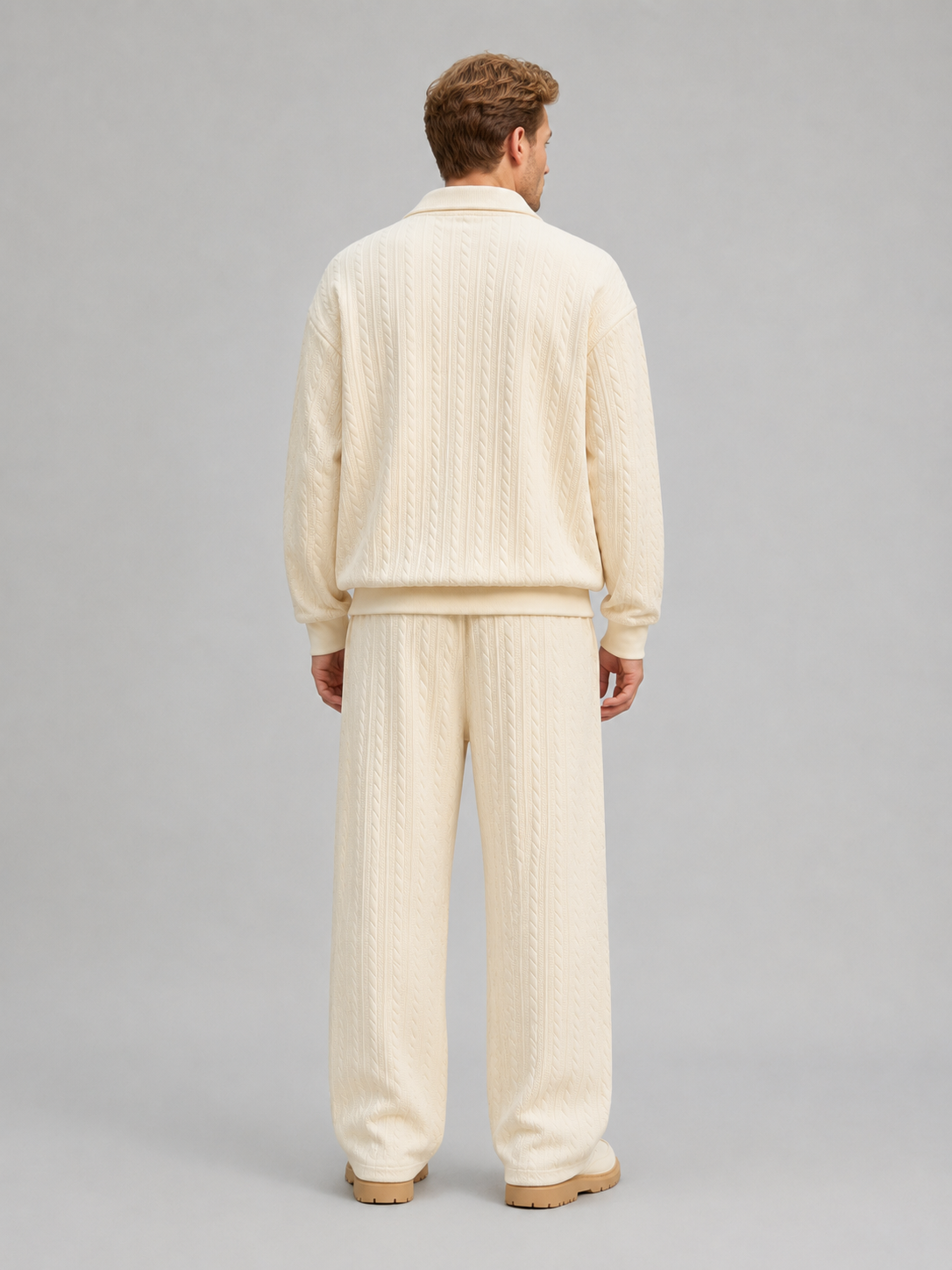 Men’s Cable Knit Two-Piece Set – Collared Top & Wide-Leg Pants