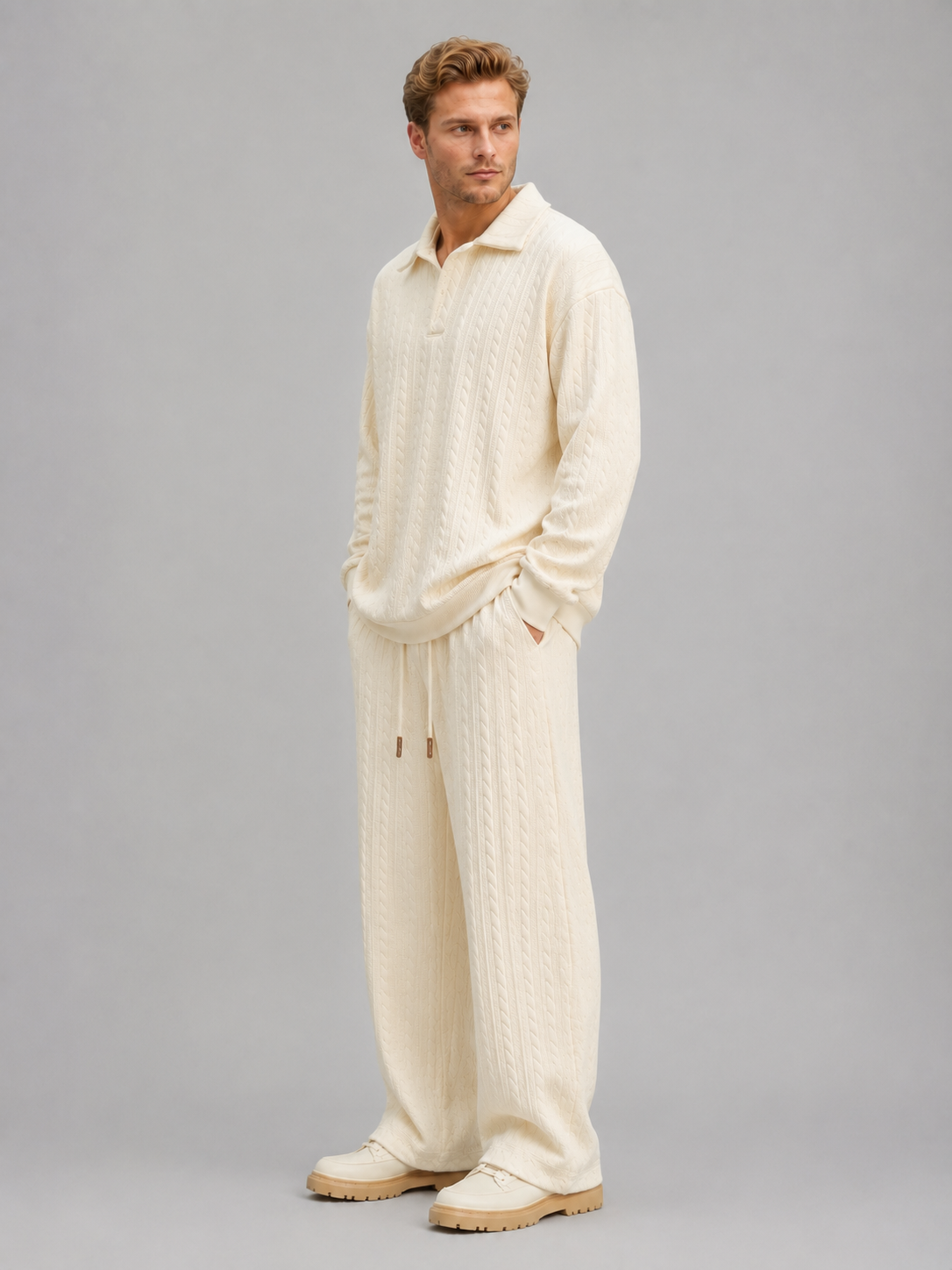 Men’s Cable Knit Two-Piece Set – Collared Top & Wide-Leg Pants