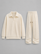 Men’s Cable Knit Two-Piece Set – Collared Top & Wide-Leg Pants