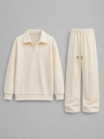 Men’s Cable Knit Two-Piece Set – Collared Top & Wide-Leg Pants