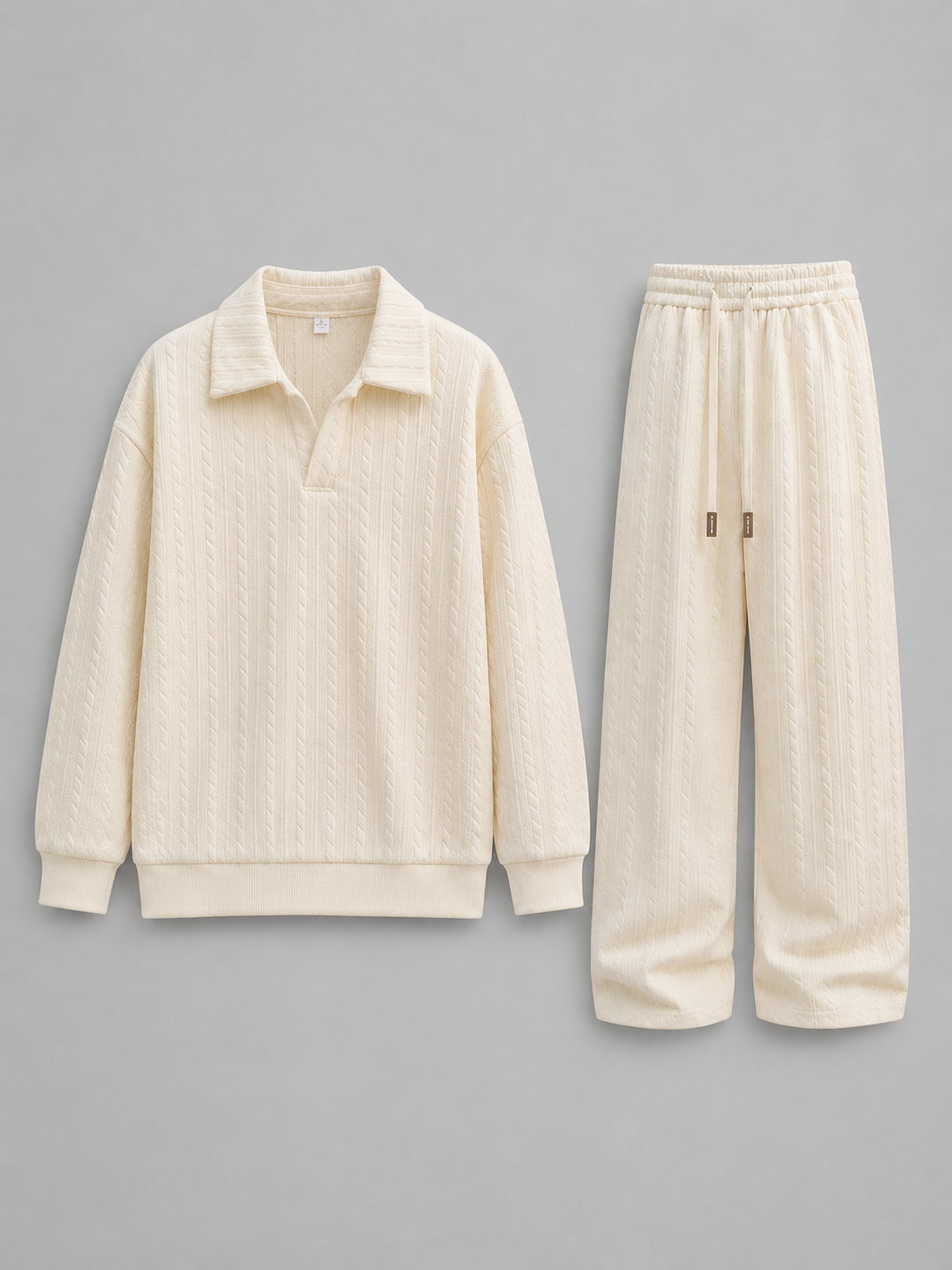 Men’s Cable Knit Two-Piece Set – Collared Top & Wide-Leg Pants