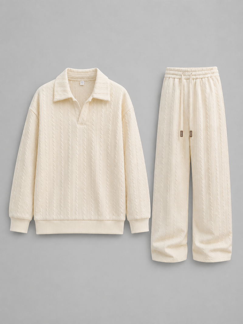 Men’s Cable Knit Two-Piece Set – Collared Top & Wide-Leg Pants