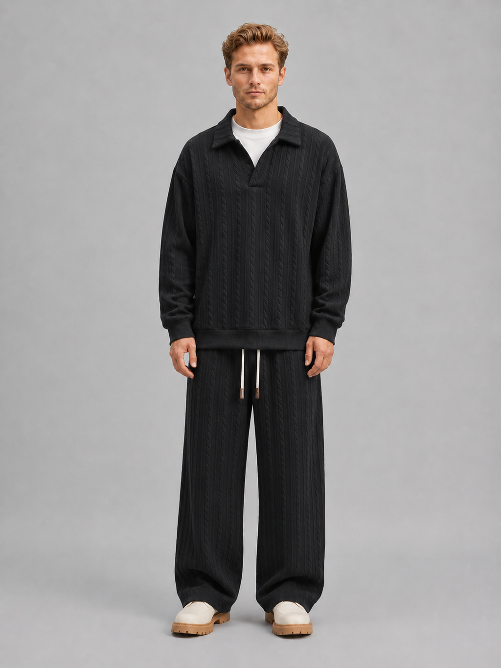 Men’s Cable Knit Two-Piece Set – Collared Top & Wide-Leg Pants