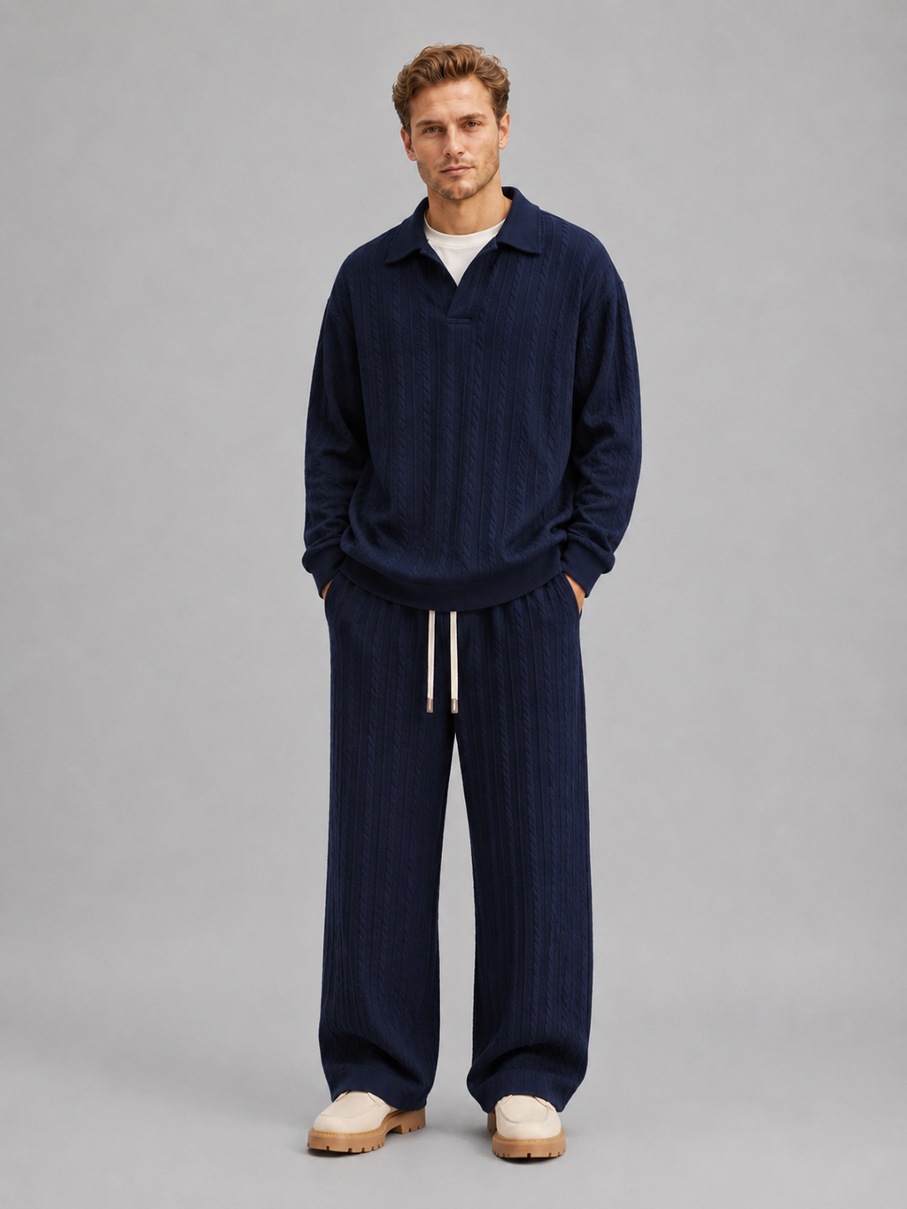 Men’s Cable Knit Two-Piece Set – Collared Top & Wide-Leg Pants