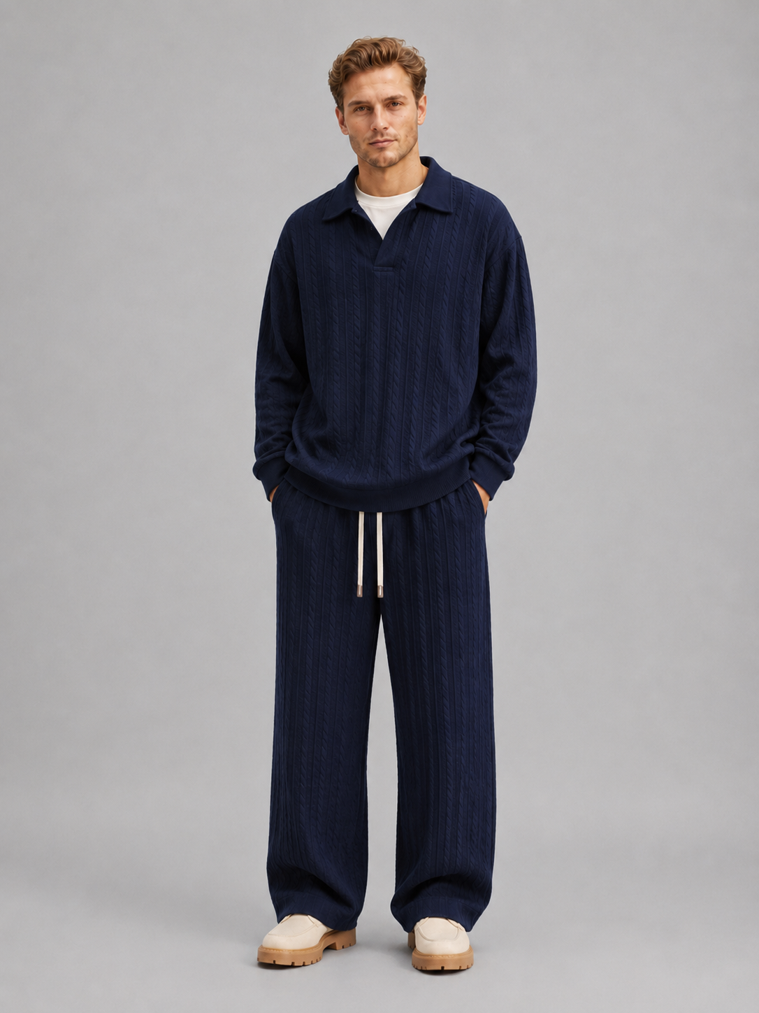 Men’s Cable Knit Two-Piece Set – Collared Top & Wide-Leg Pants
