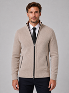 Men's Full Zip Knit Cardigan – Funnel Neck Textured Jumper