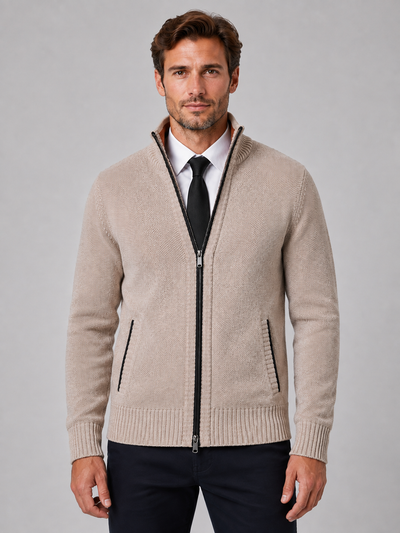 Men's Full Zip Knit Cardigan – Funnel Neck Textured Sweater