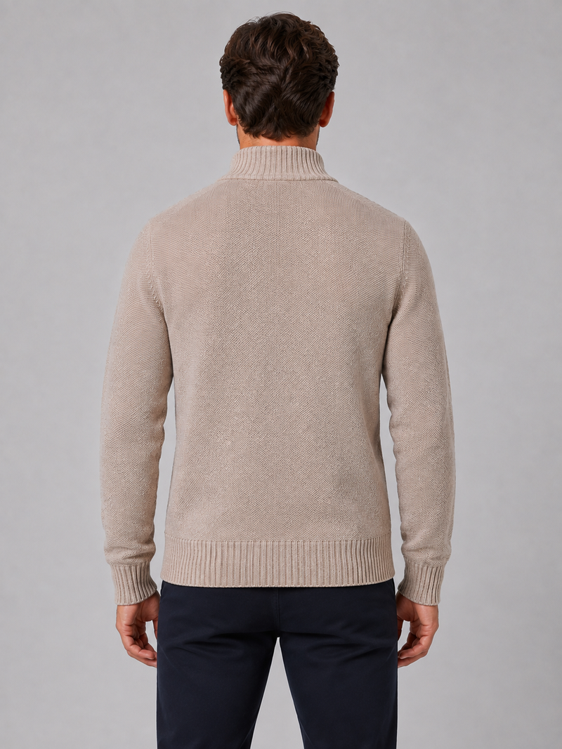 Men's Full Zip Knit Cardigan – Funnel Neck Textured Jumper