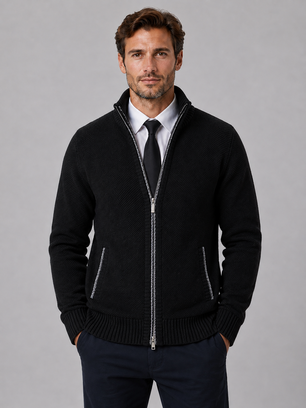 Men's Full Zip Knit Cardigan – Funnel Neck Textured Jumper
