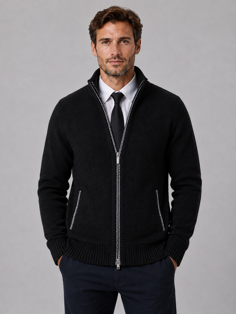Men's Full Zip Knit Cardigan – Funnel Neck Textured Jumper
