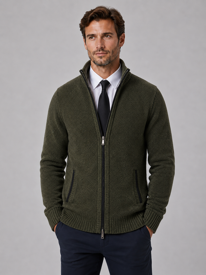 Men's Full Zip Knit Cardigan – Funnel Neck Textured Jumper