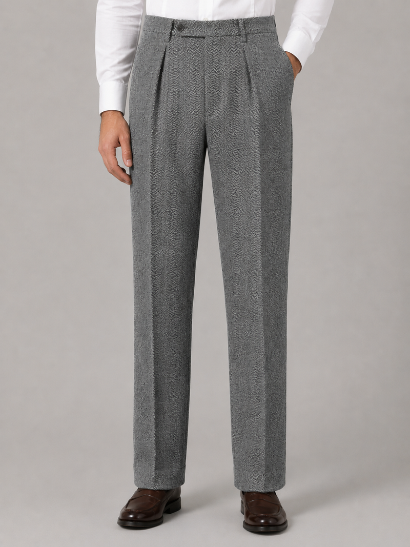 Men’s Herringbone Pleated Pants – Straight Leg Tailored Fit