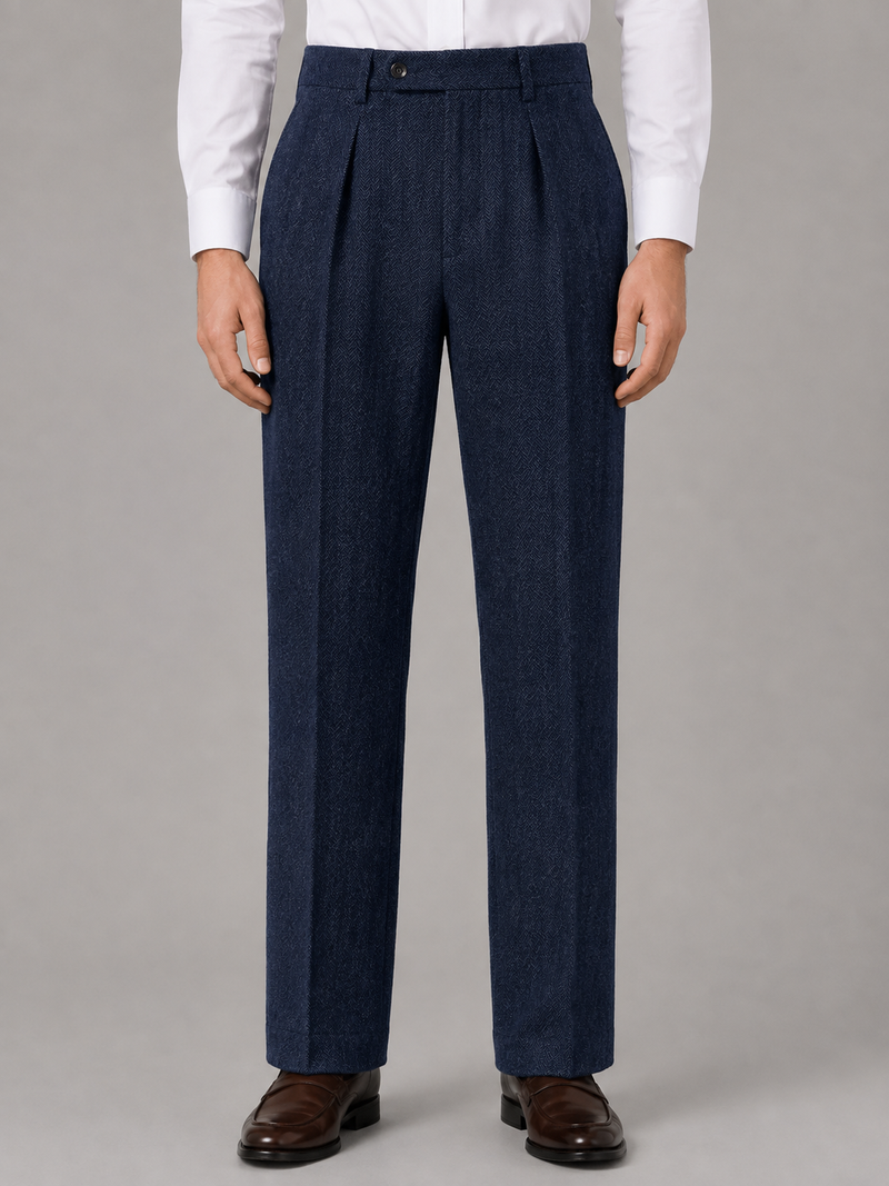 Men’s Herringbone Pleated Pants – Straight Leg Tailored Fit