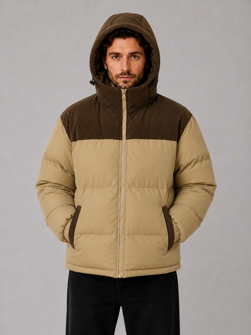 Men's Hooded Corduroy Puffer Jacket – Warm Quilted Winter Coat