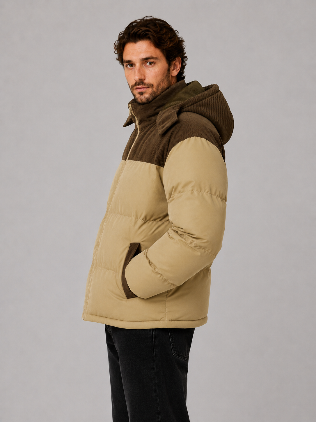 Men's Hooded Corduroy Puffer Jacket – Warm Quilted Winter Coat