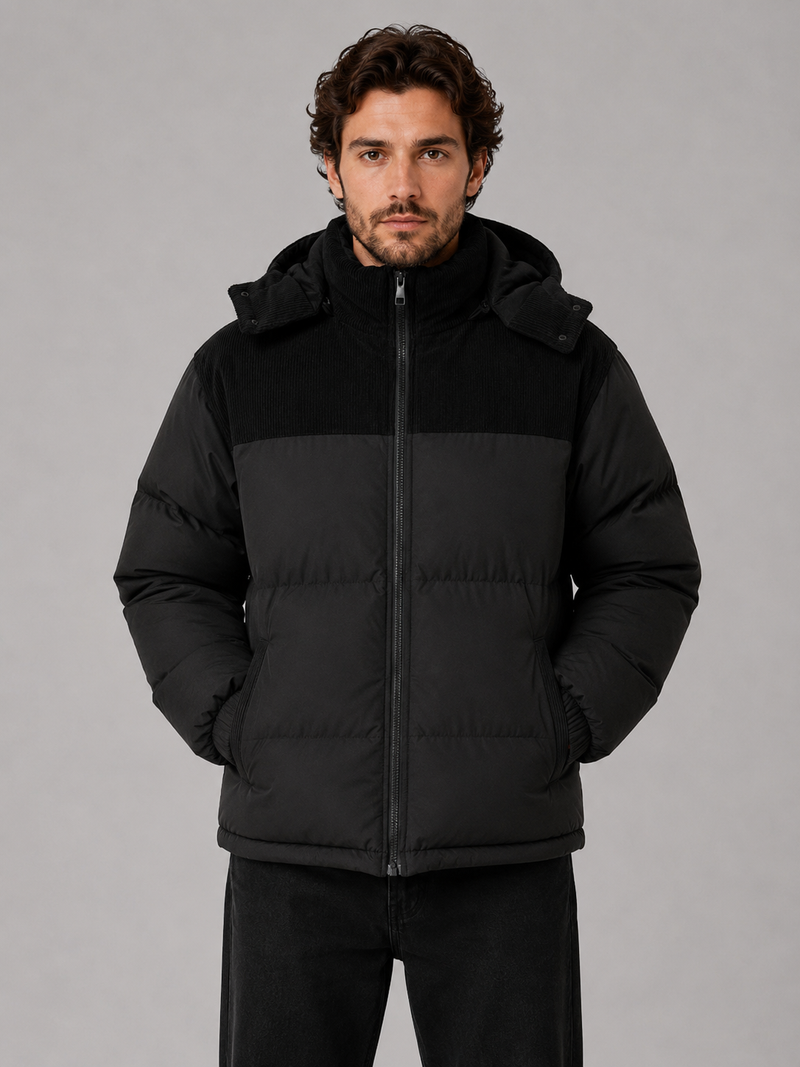Men's Hooded Corduroy Puffer Jacket – Warm Quilted Winter Coat